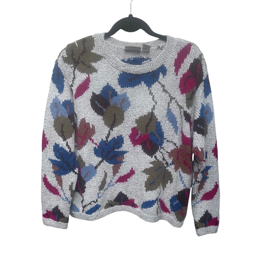 Liz Claiborne Lizwear Vintage Leaf Intarsia Knit Sweater Crewneck Gray Multi L‎